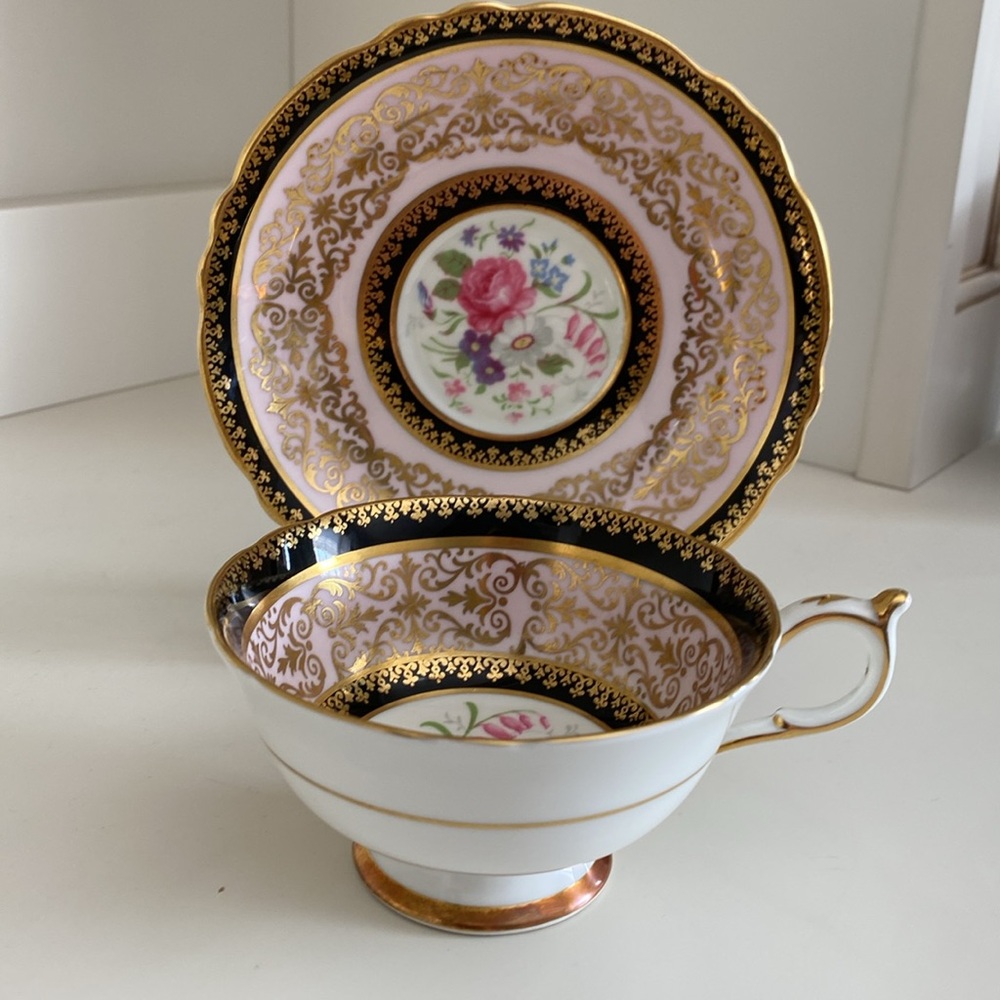 Paragon Double Warrant Pink, Gold, Black and Floral Teacup and Saucer EUC VTG